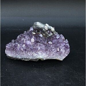 Pewter Bear & Fish On Amethyst Quartz Geode Sportsman Fishing